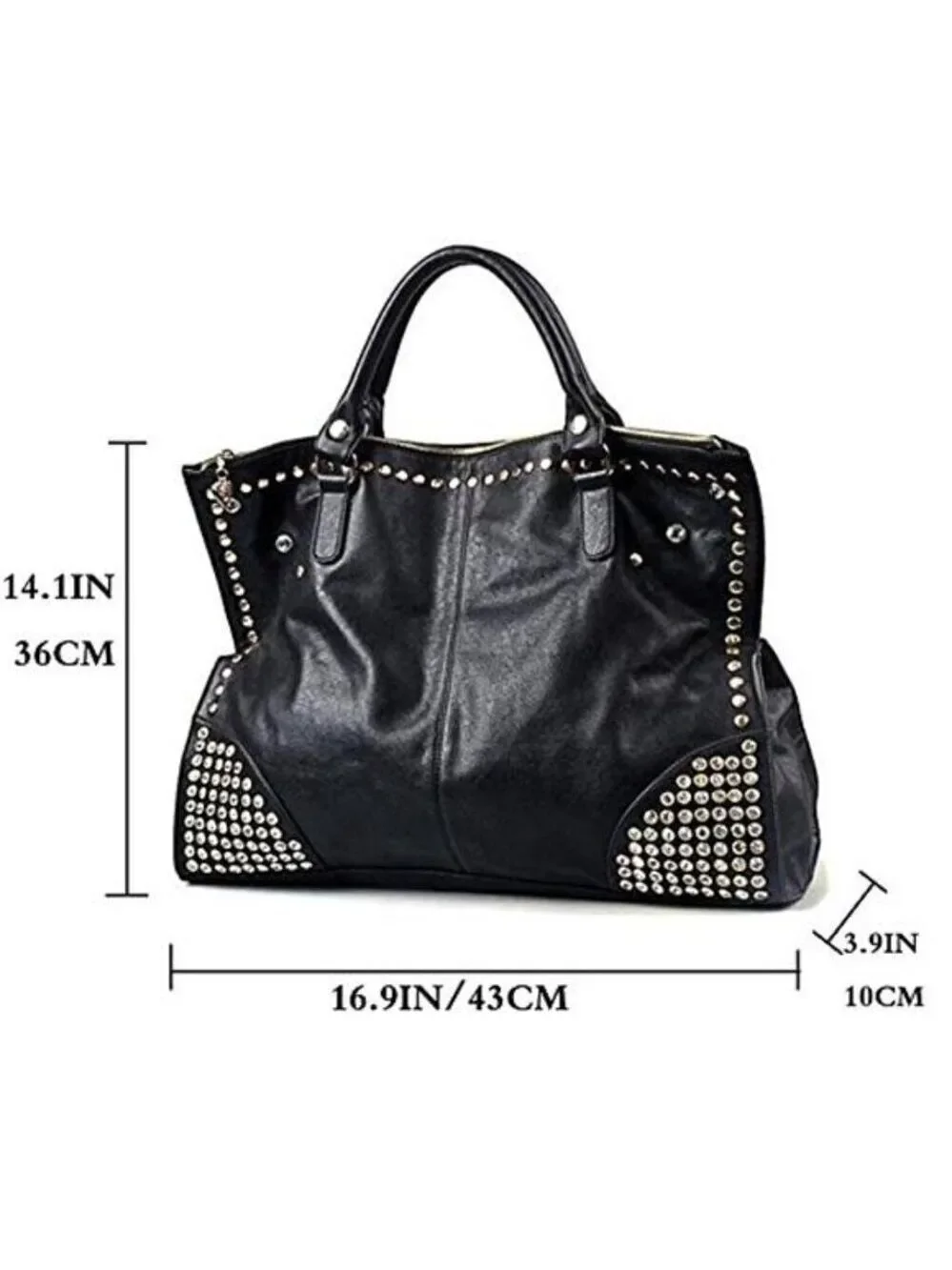 Black Vegan Leather Rivet Satchel Tote Top Handle Shoulder Bag Adjustable Strap
